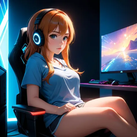 A passionate gamer girl sits in front of a computer, their feet casually resting on a nearby chair. With a determined expression, they navigate the virtual world, fully engrossed in the game. The room is dimly lit, with the glow of the computer screen illuminating their face, creating an atmosphere of intense focus. [Passionate gamer, feet on chair, determined expression, virtual world, dimly lit room, intense focus], details:1.5, anime style, masterpice