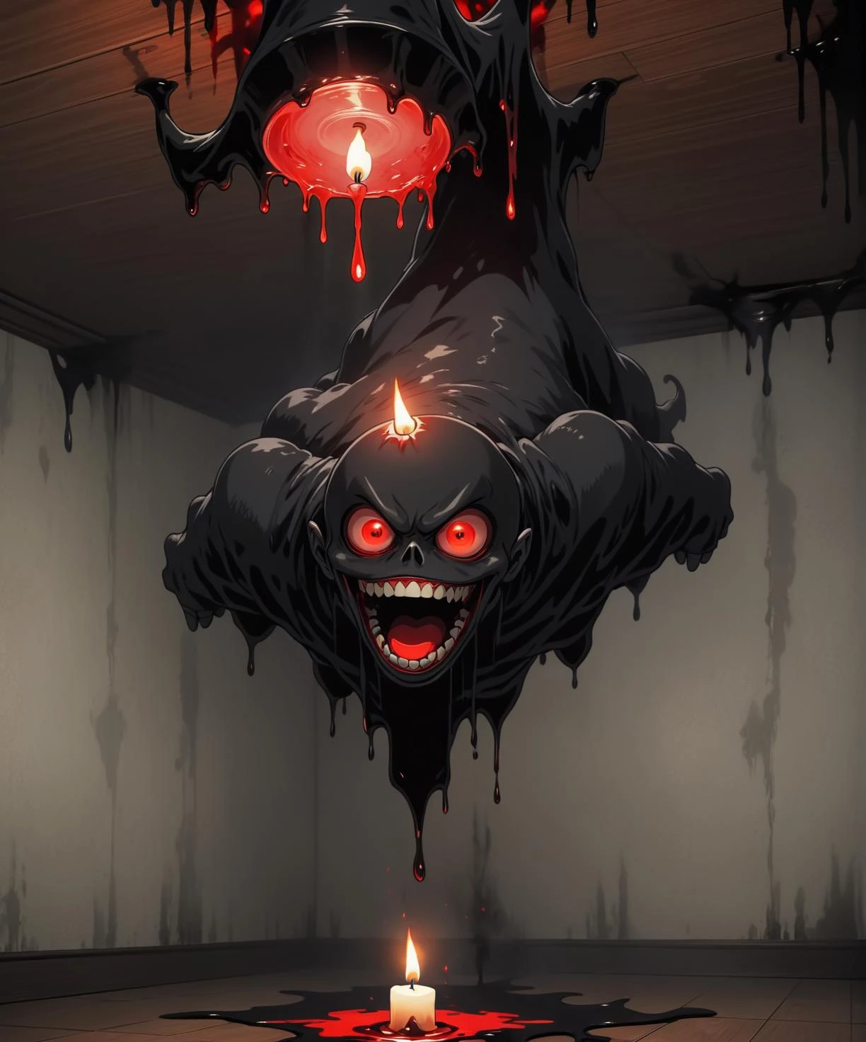 anime style, black goo ghost demon hanging upside down from the corner of the ceiling, one wax candle burning on the floor, red eyes