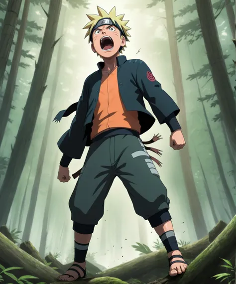 anime style, naruto shippuuden, standing in forest, boy, fierce, angry, screaming