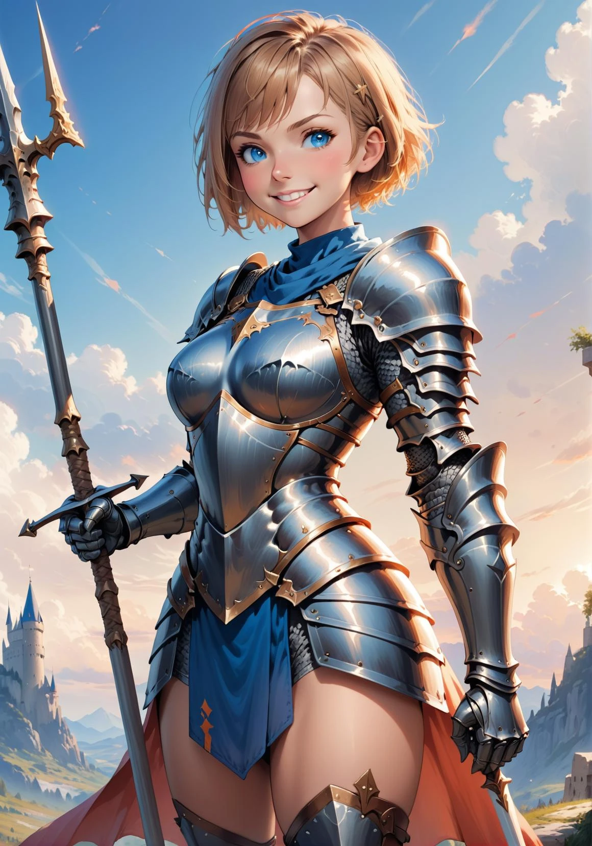 1girl, standing, holding spear, knight, armor, grin, sky, short hair, cleavage, blue eyes