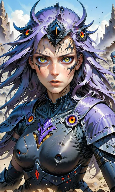 dynamic angle conveying danger and emotion, a close up of a 1980s gorgeous female human necromancer, black armor, serious looking, detailed face photo, by Jean Giraud walking among corpses lying on the ground in heaps, muddy, scythe high contrast, best shadow, by Jean Giraud