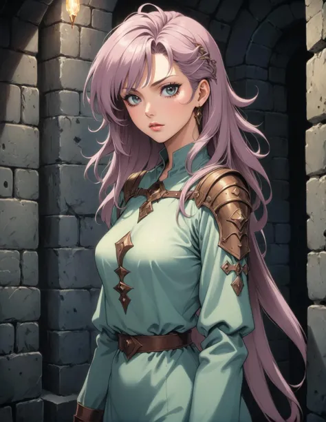 80s anime still, a beautiful woman in a mysterious dungeon, dark fantasy, anime retro, muted pastel colors, natural skin color, by Tsukasa Hojo