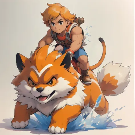 He-man riding on the back of growlithe, pokemon \(growlithe\).
Masterpiece, best quality. White background, blank background. 
<lora:he-man_offset:1> <lora:pokemon_v3_offset:1> sugimori ken \(style\)