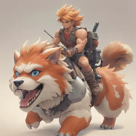 He-man riding on the back of growlithe, pokemon \(growlithe\).
Masterpiece, best quality. White background, blank background. 
<lora:he-man_offset:1> <lora:pokemon_v3_offset:1> sugimori ken \(style\)