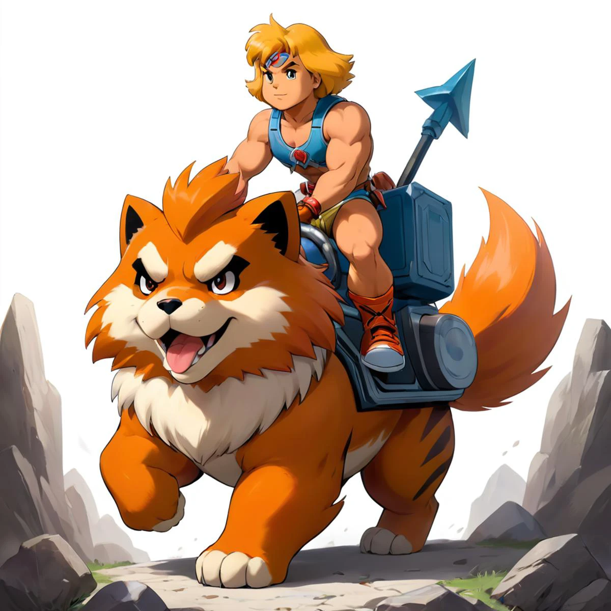 He-man riding on the back of growlithe, pokemon \(growlithe\).
Masterpiece, best quality. White background, blank background.
<lora:he-man_offset:1> <lora:pokemon_v3_offset:1> sugimori ken \(style\)