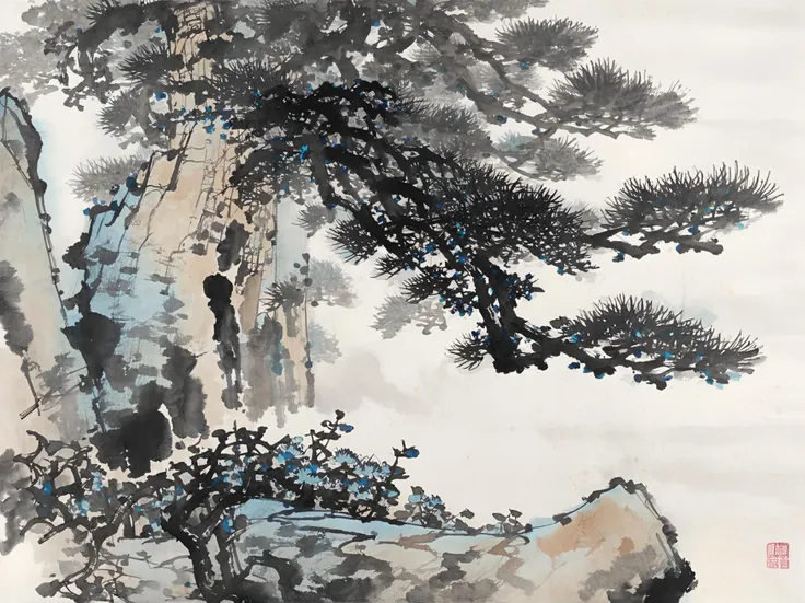 Chinese ink painting, a tree on a cliff, <lora:Chinese_INK_painting_V1:1>