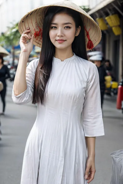 1girl, ((countryside in Vietnam)), ultra high res,(realistic:1.3)),((random pose)), deep shadow,(best quality, masterpiece), pale skin, dimly lit, shade, flustered, blush, highly detailed, (upper body)), depth of field, film grain, wrinkled skin, looking at viewer, warm smile, solo,
<lora:nonla-000010:0.65>, hat,
(white <lora:aodai:0.7>), aodai,, (masterpiece,best quality:1.5)