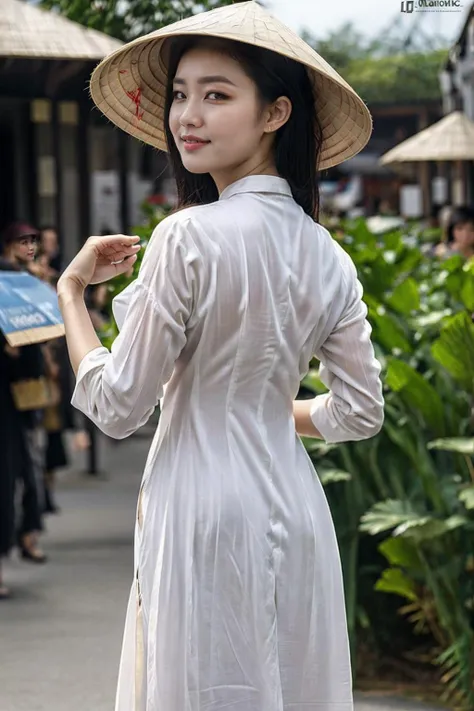 1girl, ((countryside in Vietnam)), ultra high res,(realistic:1.3)),((random pose)), deep shadow,(best quality, masterpiece), pale skin, dimly lit, shade, flustered, blush, highly detailed, (upper body)), depth of field, film grain, wrinkled skin, looking at viewer, warm smile, solo,
<lora:nonla-000010:0.65>, hat, from behind,
(white <lora:aodai:0.7>), aodai,, (masterpiece,best quality:1.5)