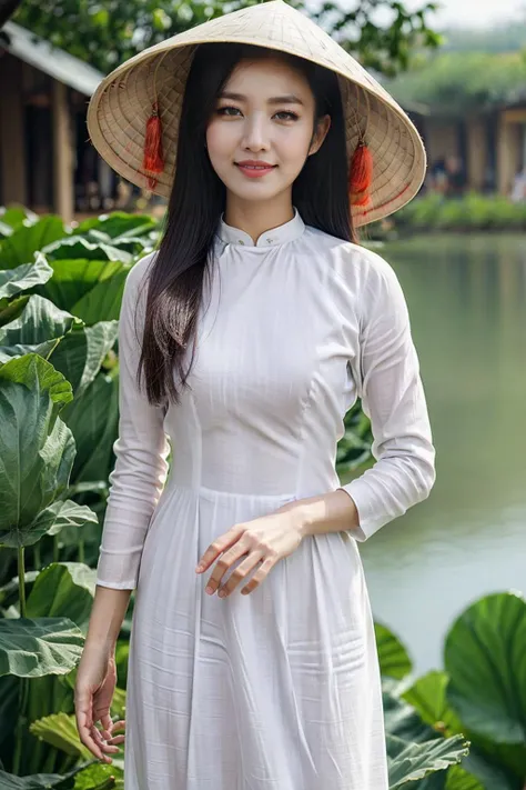 1girl, ((countryside in Vietnam)), ultra high res,(realistic:1.3)),deep shadow,(best quality, masterpiece), pale skin, dimly lit, shade, flustered, blush, highly detailed, (upper body)), depth of field, film grain, wrinkled skin, looking at viewer, warm smile, solo,
<lora:nonla-000010:0.65>, hat,
(white <lora:aodai:0.7>), aodai,, (masterpiece,best quality:1.5)