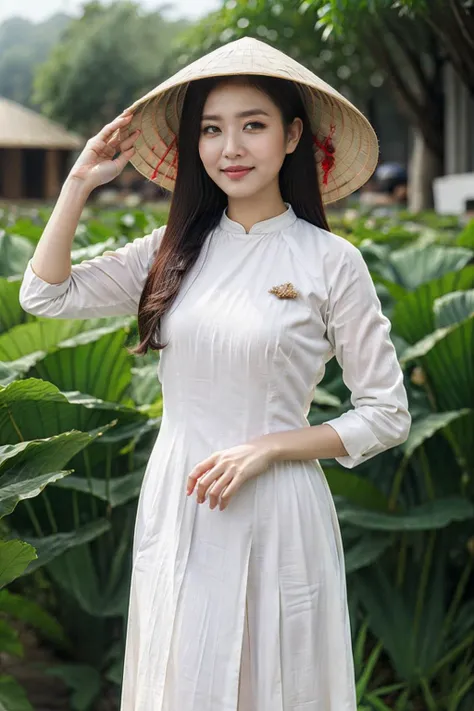 1girl, ((countryside in Vietnam)), ultra high res,(realistic:1.3)),((random pose)), deep shadow,(best quality, masterpiece), pale skin, dimly lit, shade, flustered, blush, highly detailed, (upper body)), depth of field, film grain, wrinkled skin, looking at viewer, warm smile, solo,
<lora:nonla-000010:0.65>, hat,
(white <lora:aodai:0.7>), aodai,, (masterpiece,best quality:1.5)