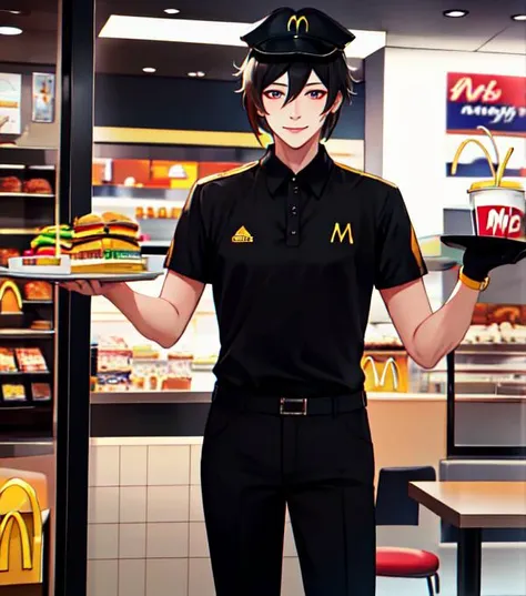 (masterpiece1.1), (high resolusion:1), 1boy, adult male, black hair, Zhongli\(genshin impact\), <lora:Zhongli_Soft:0.8>, looking at view, smile, having tray, in mcdonalds, McDonaldsUniform, shirt, black shirt, uniform, black pants, pants, cap, <lora:McDonaldsUniform:0.5>