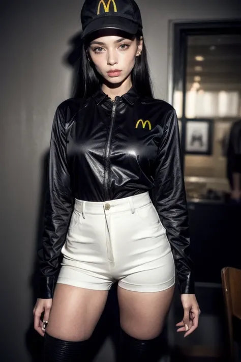 (1girl:1.3), <lora:add_detail:1>, (thigh-high:1.2), <lora:McDonaldsUniform:0.8>, shirt, black shirt, uniform, cap, McDonaldsUniform, glamorous , stylish , trendy , by Richard Avedon , Helmut Newton , Mario Testino , Annie Leibovitz , Steven Meisel