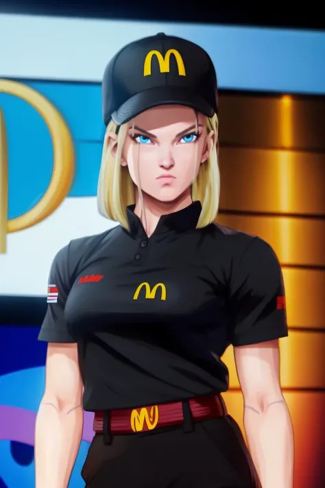 photo realistic full body picture of Android18DB modeling on a fashion runway,
<lora:McDonaldsUniform:0.75>
wearing a McDonaldsUniform, shirt, black shirt, uniform, black pants, pants, black cap,
female, (adult:1.3), beautiful, detailed face, small breasts, blue eyes,
<lora:Android18DB:1.2>
(neck length blonde hair:1.1), (trimmed hair:1.1), short hair, large forehead,
masterpiece, high quality,