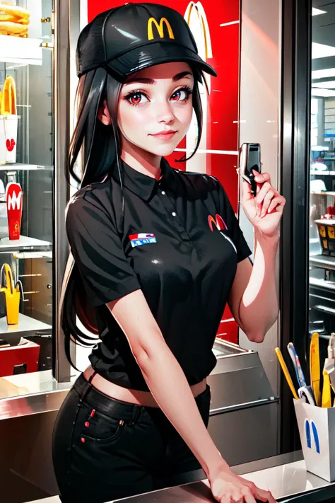 Highly detailed, High Quality, Masterpiece, beautiful, McDonaldsUniform, <lora:McDonaldsUniform:1>, 1girl, solo, light smile, red eyes, black hair, long hair, shirt, black shirt, uniform, black pants, pants, cap, Inside the drive-thru window, drive-thru window, <lora:Pos_DriveThruWindowOperator:0.8>