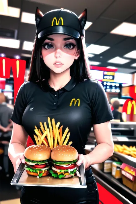 masterpiece, best quality, highly detailed, fox girl, fox ears, furry, 1girl, solo, people in the background, restaurant, hamburger, mcdonald's background, french fries, fast food, disposable cup, soda, McDonaldsUniform, shirt, black shirt, uniform, black pants, pants, cap, holding a tray with both hands, a tray with hamburger and french fries and disposable cup, <lora:McDonaldsUniform:0.7>