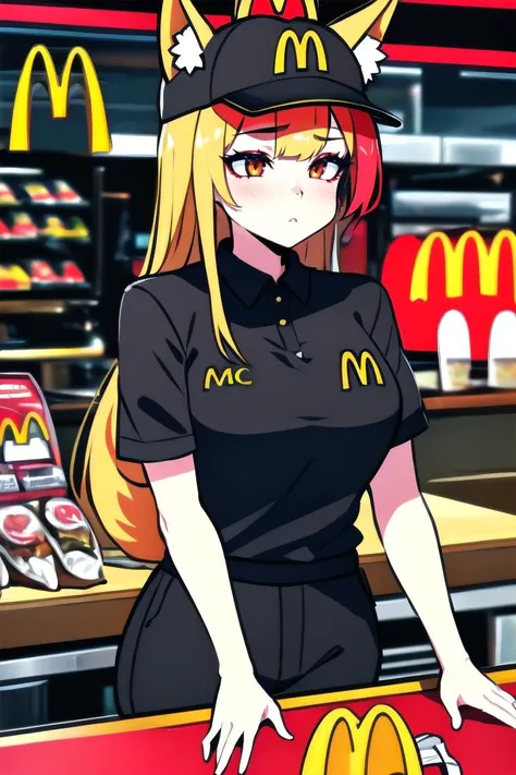 masterpiece, best quality, highly detailed, fox girl, fox ears, furry, 1girl, solo, people in the background, restaurant, mcdonald's background, fast food, McDonaldsUniform, shirt, black shirt, uniform, black pants, pants, cap, at the counter, counter, <lora:McDonaldsUniform:0.7>