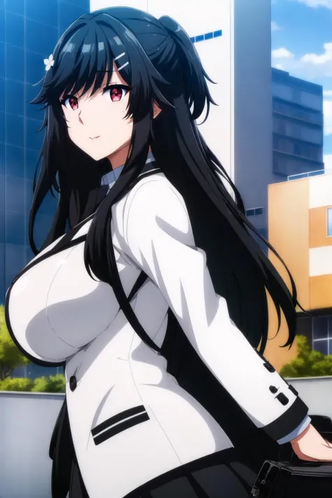 (day:1.7), Japan, a street with a suitcase on his back and a building in the background,
Standing at attention,
white shirt ,black skirt,jacket,school uniform,Black Tie,
<lora:Akane_Nishino_Shadow-KK77-V1:0.7>,<lora:more_details:0.1>,
bangs, black hair,hair ornament, hairclip, long hair, red eyes,
1 girl, 20yo,Young female,Beautiful Finger,Beautiful long legs,Beautiful body,Beautiful Nose,Beautiful character design, perfect eyes, perfect face,expressive eyes,
looking at viewer, in the center of the image,(Upper_body),(close-Up),(Focus on her face),
official art,extremely detailed CG unity 8k wallpaper, perfect lighting,Colorful, Bright_Front_face_Lighting,shiny skin,
(masterpiece:1.0),(best_quality:1.0), ultra high res,4K,ultra-detailed,
photography, 8K, HDR, highres, absurdres:1.2, Kodak portra 400, film grain, blurry background, bokeh:1.2, lens flare, (vibrant_color:1.2)
(Beautiful,large_Breasts:1.4), (beautiful_face:1.5),(narrow_waist),