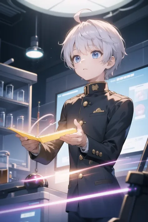 <lora:okino-000025:1> okino, gakuran, short hair, bangs, ahoge,
1boy, solo, laboratory, science fiction, floating screen, lost technology