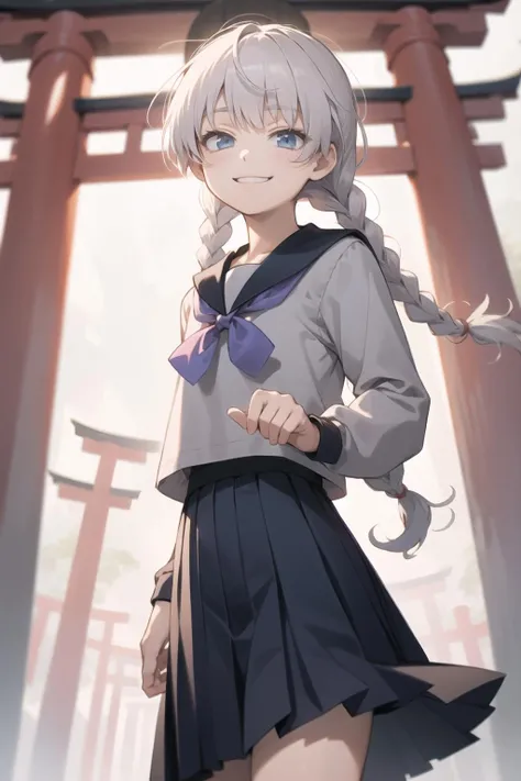 <lora:okino-000025:1> okino, serafuku, bangs, braid, twin braids, long hair, pleated skirt,
1boy, solo, torii, smirk