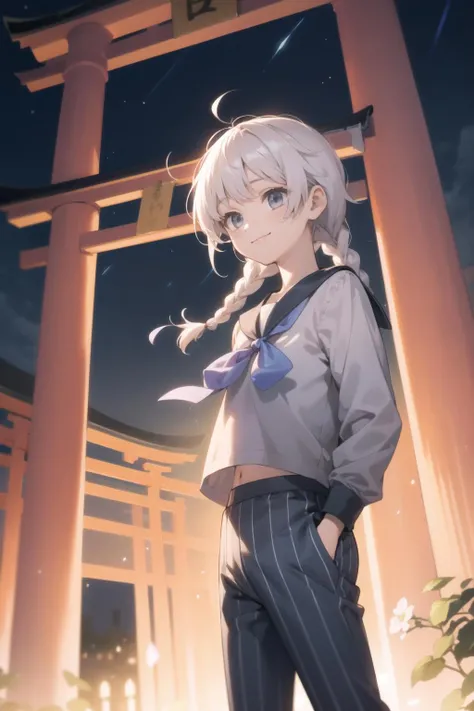 <lora:okino-000025:1> okino, serafuku, bangs, braid, twin braids, long hair, striped pants,
1boy, solo, night, torii, light smile
