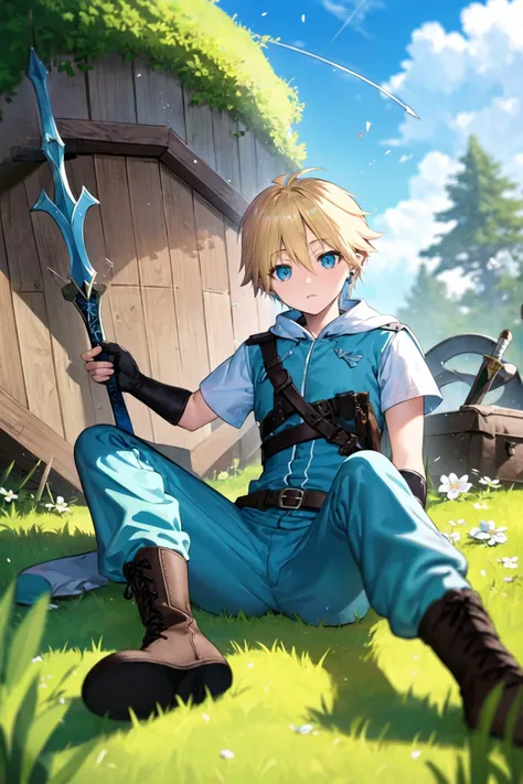 <lora:96mimo414:1>, trnyteal, 1boy, shield, grass, tree, outdoors, flower, pants, gloves, weapon, sitting, sword, holding, belt, shirt, bangs, tunic, day, jewelry, boots, nature, earrings, blonde hair, pointy ears, blue eyes, male focus, white pants, fingerless gloves, blue shirt, arrow \(projectile\)