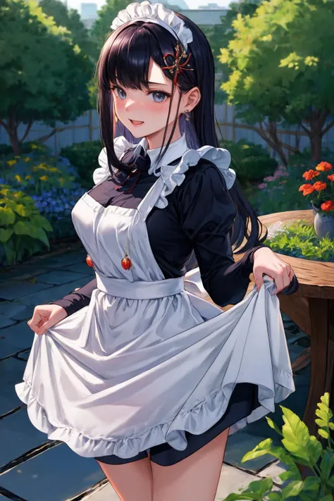 masterpiece, best quality, absurdres, YamashiroRen, blunt bangs, hair ornament, <lora:CHAR-YamashiroRen:1>, maid, maid headdress, apron, brooch, skirt hold, standing, garden, table , standing, cowboy shot, outdoors, smile