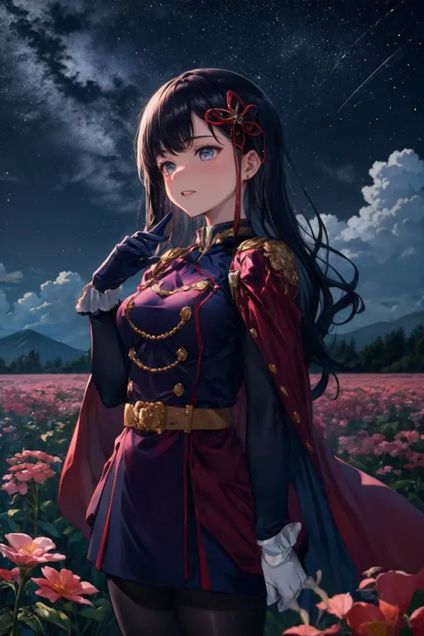 masterpiece, best quality, absurdres, YamashiroRen, blunt bangs, hair ornament, <lora:CHAR-YamashiroRen:0.9>, YamashiroRen, blunt bangs, hair ornament, military uniform, epaulettes, white gloves, red cape, black pantyhose,
(humble masterpiece), 2d, sketch, sweet, light particles, (blue_theme, purple theme),  hands behind back, nostalgic day, bright, flower field, butterflies, (bokeh:1.1), starry skies, milky way, light rays,  looking the viewer