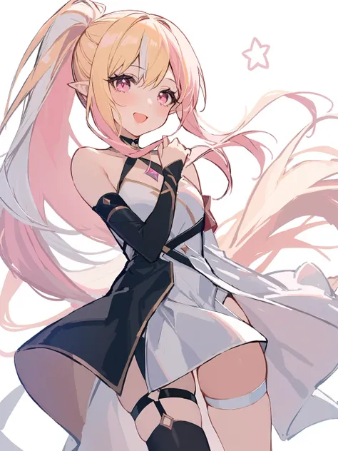 1girl, 
solo, white sleeves, simple background, mismatched sleeves, very long hair, long sleeves, asymmetrical sleeves, pointy ears, thigh strap, detached sleeves, open mouth, white thighhighs, black sleeves, ponytail, blonde hair, single thighhigh, multicolored hair, black thighhighs, looking at viewer, blush, pink eyes, thighhighs, smile, sidelocks, bare shoulders, white background, white hair, white dress, long hair, dress, :d, pink hair, 
masterpiece, best quality,  safe
 <lora:mki-ani31-yutou-v3-000120:1>