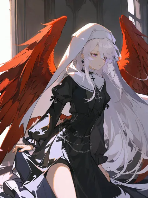 1girl, solo, goth fashion, very long hair , white hair,red feathered wings, choker, angelic atmosphere, purple eyes, zettai ryouiki, white nun's habit, glowing
<lora:mki-ani31-ahriii-v1:1> <lora:Fixhands_anime_bdsqlsz_V1:1>