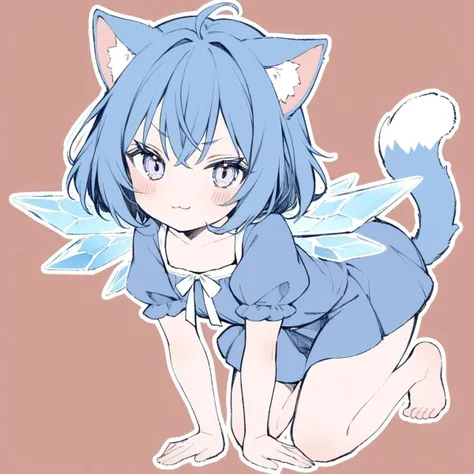 1girl, 
solo, cat tail, blue dress, ahoge, smile, tail, cat ears, simple background, chibi, closed mouth, all fours, blush stickers, large bow, blue eyes, white background, blush, kemonomimi mode, bow, blue hair, ice, hair bow, ice wings, short hair, blue bow, looking at viewer, animal ears, dress, :3, wings, full body, puffy short sleeves, short sleeves, barefoot, puffy sleeves, v-shaped eyebrows, 
masterpiece, best quality,  safe
 <lora:mki-a31-dodosako-v1-000070:1>