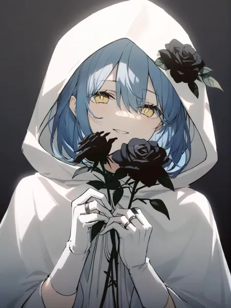 1girl, 
solo, upper body, hood, flower, hands up, holding flower, long sleeves, black flower, medium hair, black rose, hooded cloak, white dress, gloves, grey background, rose, cloak, white gloves, looking at viewer, elbow gloves, simple background, parted lips, yellow eyes, ring, smile, dress, jewelry, white cloak, hood up, holding, blue hair, 
masterpiece, best quality,  safe
 <lora:mki-ani3-konya_karasue-v2:1>