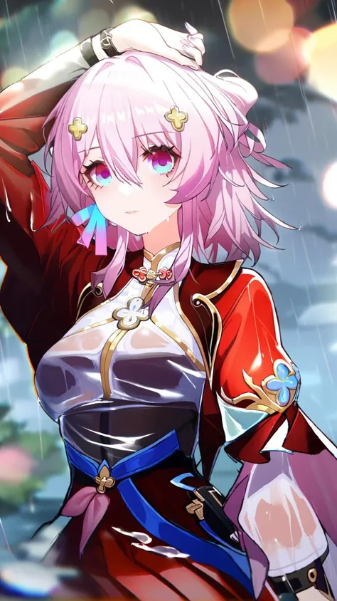 1girl, 
march 7th \(honkai: star rail\),  
solo, red sleeves, depth of field, lens flare, bokeh, chromatic aberration, rain, wet clothes, translucent, black sleeves, water drop, skirt, medium hair, outdoors, wet, water, wet hair, pink hair, looking at viewer, red skirt
 <lora:mki-ani31-march_7th_The_Hunt-v2-000025:1> <lora:mki-ani31-yutou-v3-000120:1>