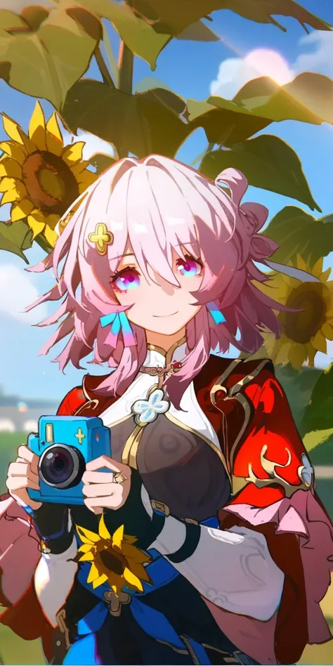 1girl, 
march 7th \(honkai: star rail\),  
solo, red sleeves, holding, flower, sky, day, depth of field, lens flare, bokeh, chromatic aberration, cloud, outdoors, blue sky, camera, cloudy sky, holding camera, pink hair, upper body, closed mouth, medium hair, sunflower, smile, long sleeves, official alternate costume, 
  safe
 <lora:mki-ani31-march_7th_The_Hunt-v2-000025:1> <lora:mki-ani31-ahriii-v1-000125:1>