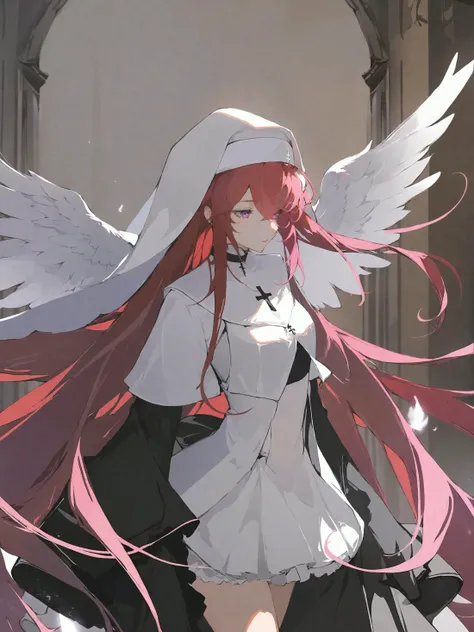 1girl, solo, goth fashion, very long hair (now white), feathered wings (changed to red), choker, angelic atmosphere, purple eyes, zettai ryouiki, white nun's habit, glowing
<lora:mki-ani31-ahriii-v1:1> <lora:Fixhands_anime_bdsqlsz_V1:1>