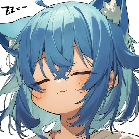 <lora:mki-ani31-potg-v1-000050:1>,1girl,
solo,blue hair,blush,virtual youtuber,hair between eyes,cat girl,portrait,zzz,ahoge,cat ears,:3,white background,head only,closed eyes,sidelocks,sleeping,animal ears,closed mouth,medium hair,animal ear fluff,smile,simple background,
masterpiece,best quality,safe,