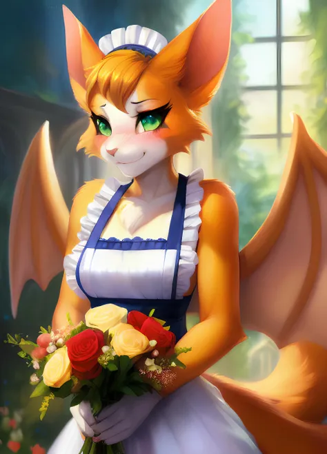 uploaded on e621, (by Pino Daeni:0.7), (by Ruan Jia:0.7), (by Skygracer:0.6), by Alayna Lemmer, by Carlo Galli Bibiena, (kemono:1.3), ((fidget (elysian tail))), dust: an elysian tail, solo, green eyes, membranous wings, female, looking at viewer, (anthro), ((maid)), dess, ((bouquet)), bouquet of flowers,, flowers, (embarrassed), ((blush)), <lora:fidget5:1>