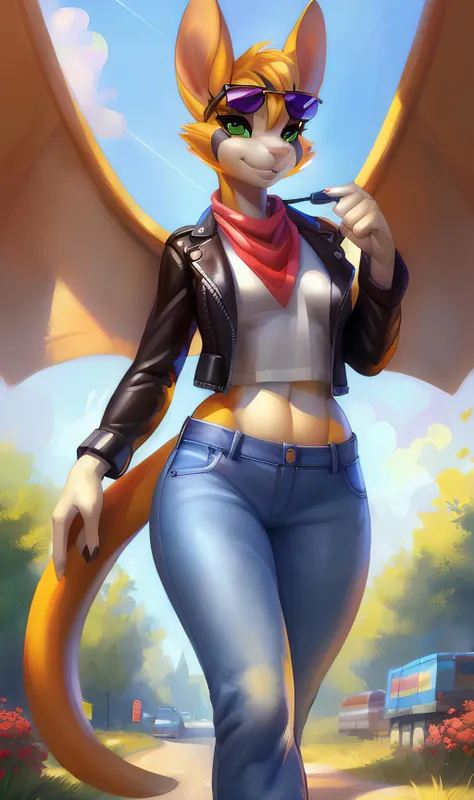 uploaded on e621, ( (by Pino Daeni:0.7), (by Ruan Jia:0.7), (by Skygracer:0.6), by Alayna Lemmer, by Carlo Galli Bibiena ):0.7, (((fidget (elysian tail)))), solo, green eyes, membranous wings, female, tuft, looking at viewer, (highway, leather jacket, sunglasses, bandana , motorcycle, jeans, undershirt),  BREAK,  ((detailed background, depth of field, half body shadow, sunlight, ambient light on the body)), (intricate:0.7), (high detail:1.3), (soft focus:1.15),  (masterpiece, best quality, 4k, 2k, shaded, absurd res), <lora:fidget6.5:0.6>