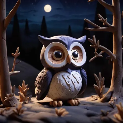 A owl in a dark night, dark scene,
,Clay Animation, Clay, <lora:ClayAnimationPash:1>
