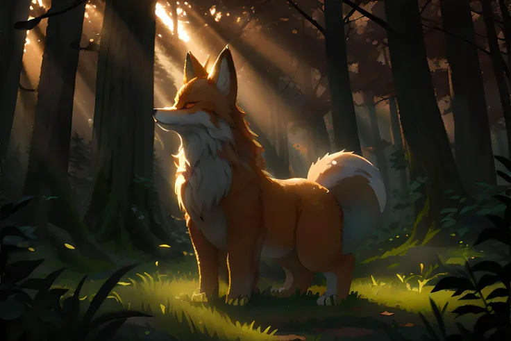 "Enchanting scene depicting a mystical forest(night) with a captivating nine-tailed fox(spirit, glowing, light particles)."