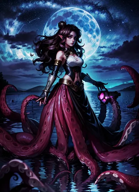 ((best quality)), ((highly detailed)), masterpiece, absurdres, (detailed eyes, deep eyes), <lora:more_details:.7>, (1girl), from the front, dynamic pose, upper body, ((bridal gauntlets)), <lora:aiomonstergirls_loraLocon:1>, (((scylla))), (((octopus girl))), standing, (tentacles:1.33), (suction cups:1.33), (fused:1.33), ((tentacle legs)), medium breasts, (long skirt), partially submerged, (outside, at a lake, partially submerged, night, night sky, stars, blue moon, telescope), <lora:Movie style filter_V1.5:.85>