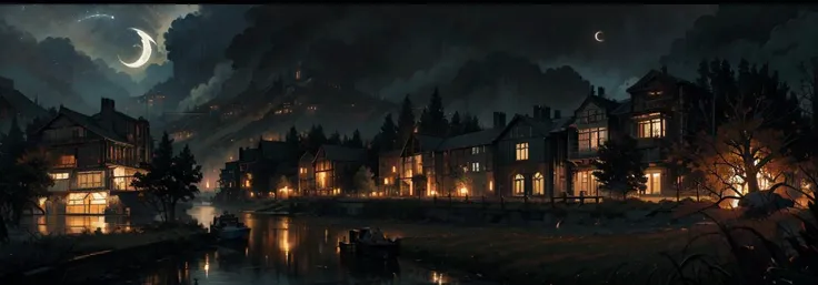 masterpiece,best quality,best quality,{Scenes with extreme detail {{{extremely detailed CG}}}},{{ beautiful detailed background}},wallpaper,aurora,huge filesize,Cinematic Lighting,Tyndall effect,reality,backlight,
rainy days,pond,grassland,(crescent_moon:1.2),<lora:style 1:0.75>,(futurism:0.5),<lora:æè²ç¯å¢-antiwhite:0.7>,