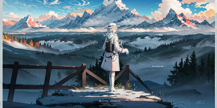 ((best quality)), ((masterpiece)), ((ultra-detailed)), (illustration), (detailed light), (an extremely delicate and beautiful),((trim)),
incredibly_absurdres,(ray tracing),(Autumn),
(signature),(English text:1.5),((beautiful sky)),(scenery),((mountain)),(cloud),((nature)), ((fog)),(pine), (((border))),((trim)),
(1girl:1.5),((solo:1.7)),((a beautiful girl)),(((full body shot))),((standing)),(facing away),(perfect hand),(((white coat))),((beautiful white dress+white knee boots)),((Belts)),((white hat)),(white scarf),(leg loops),(((long white_hair))),
(signature),(English text:1.5),((beautiful sky)),(scenery),((mountain)),(cloud),((nature)), ((fog)),(pine), (((border))),((trim)) <lora:style 1:0.75> <lora:huafeng:0.2> <lora:GoodHands-vanilla:0.6>