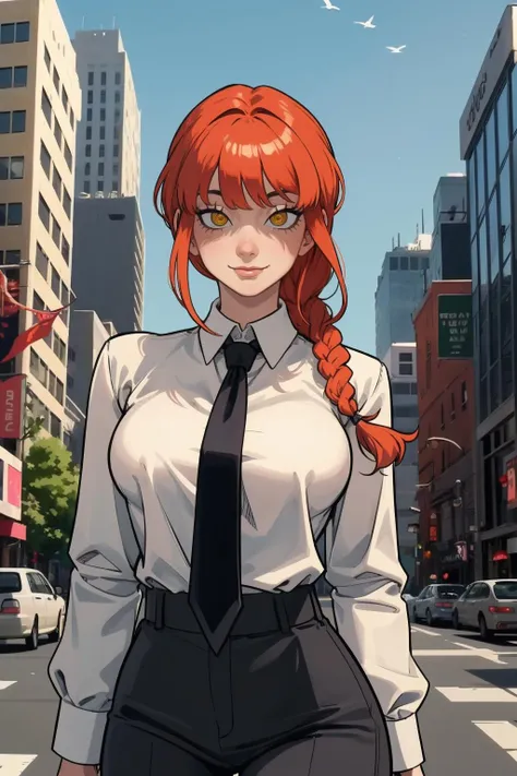 1girl, (solo:1.2), (looking at viewer:1.5), (upper body:1.5), (walking:1.2), (cowboy shot:1.5), (masterpiece:1.3), (best quality:1.3), (perfect anatomy:1.4), highly detailed, (metropolis:1.3), street, daylight, blue sky, western architecture, <lora:Makima [nochekaiser881 - v1.0]:0.8> makima, long hair, smile, bangs, (yellow eyes:1.2), braid, red hair, braided ponytail, ringed eyes, shirt, long sleeves, white shirt, necktie, collared shirt, pants, black pants, formal, suit, black necktie, shirt tucked in, office lady, <lora:Nia4294 [MockAi - v1.0]:1> nia4294, (sketchy artstyle:1.3), vibrant colors, (simplified shading:1.2), saturated hues, film grain