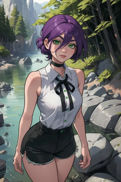 1girl, (solo:1.2), (looking at viewer:1.5), (upper body:1.5), (walking:1.2), (cowboy shot:1.5), (masterpiece:1.3), (best quality:1.3), (perfect anatomy:1.4), highly detailed, (secluded river scenery:1.2), (sunlight through trees:1.3), daylight,natural rock formations, nature,, <lora:Reze [nochekaiser881 - v1.0]:1> reze, black choker, purple hair, choker, eyebrows hidden by hair, (green eyes:1.5), hair between eyes, long bangs, medium hair, bare shoulders, black ribbon, black shorts, collar, collared shirt, neck ribbon, ribbon, shirt, shorts, sleeveless, sleeveless shirt, (white shirt:1.2), <lora:Nia4294 [MockAi - v1.0]:1> nia4294, (sketchy artstyle:1.3), vibrant colors, (simplified shading:1.2), saturated hues, film grain
