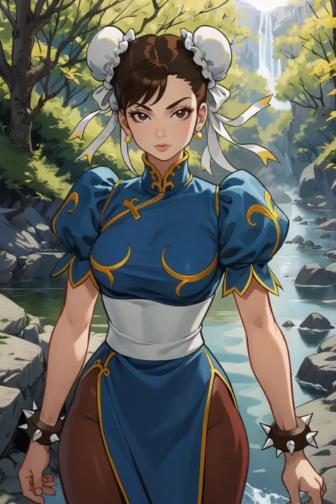 1girl, (solo:1.2), (jumping:1.3), (mid air:1.3), (cowboy shot:1.5), smile, happy, (masterpiece:1.3), (best quality:1.3), (perfect anatomy:1.4), highly detailed, <lora:SF - Chun-Li [FrogTheJam - v1.0]:0.9> chun li, brown eyes, short hair, brown hair, double bun, bun cover, blue dress, pelvic curtain, spiked bracelet, sash, brown pantyhose, (secluded river scenery:1.2), (sunlight through trees:1.3), daylight,natural rock formations, nature,, <lora:Feguimel [MockAi - v1.0]:0.8> feguimel, soft shading, realistic proportions