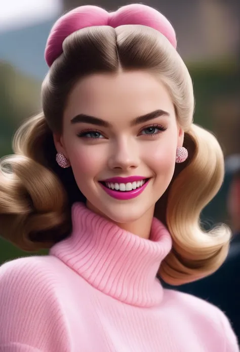 Portrait of ANAT0J3 - Anya Taylor-Joy (ohwx woman) as Barbie, pink mohair turtleneck jumper, large hair bun, High Detail, photorealistic, (ANAT0J3 face),(happy,smilling,teeth),(1950s:1.4),(dark hair)