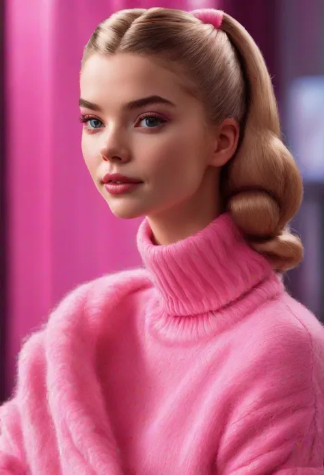 Portrait of ANAT0J3 Anya Taylor-Joy (ohwx woman) <lora:lora_anya_v1_from_v2_320:1> as Barbie, pink mohair turtleneck jumper, large hair bun, high detail, photorealistic