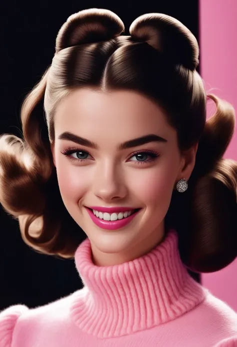 Portrait of ANAT0J3 - Anya Taylor-Joy (ohwx woman) as Barbie, pink mohair turtleneck jumper, large hair bun, High Detail, photorealistic, (ANAT0J3 face),(happy,smilling,teeth),(1950s:1.4),(dark hair)