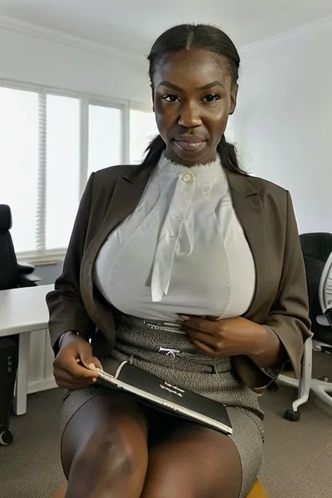 R3dd1tB1mb0, black african woman, (big boobs:1.5), (big lips:1), wide hips, (Low Ponytail with a Twist:1.3), executive sitting on couch looking at me, (sadistic expression:1.2), 0ff1c3_3, dress, short brown skirt, jacket, white shirt, bow,
office, window, desk, chair, computer, ceiling, ceiling light