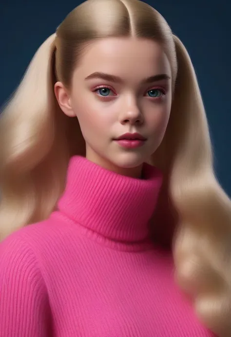 Portrait of Anya Taylor-Joy (ohwx woman) <lora:lora_anya_v1_from_v2_320:1> as Barbie, pink mohair turtleneck jumper, large hair bun, high detail, photorealistic, 1girl, ATLJ, ANAT0J3